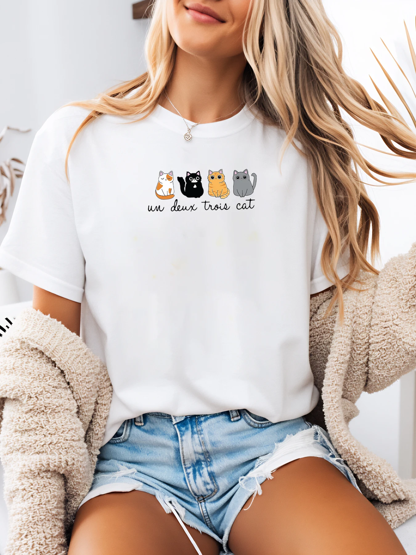 かわいい猫 ワンツーサリー 猫プリント Tシャツ 女性用 カジュアル サマーウェア ホワイト プラスサイズ