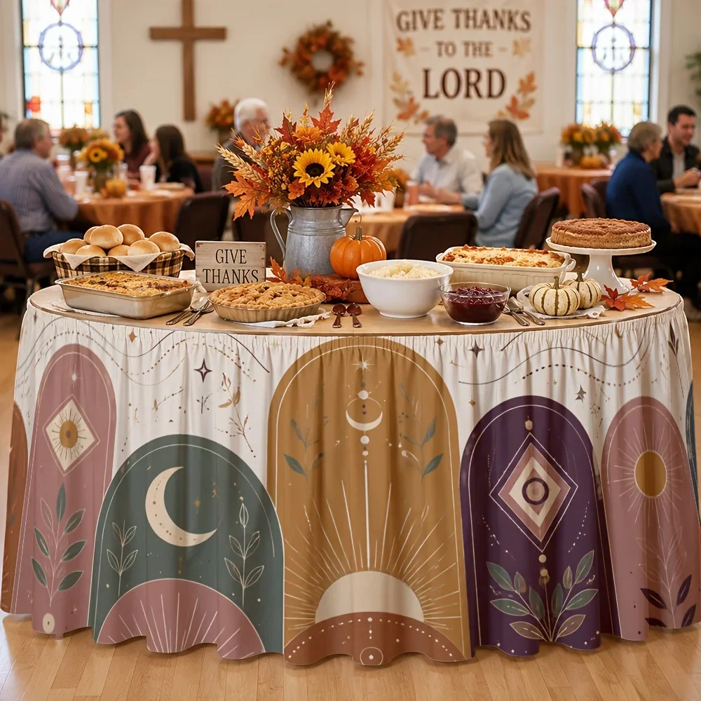 Tablecloth/ Tablecloth Skirt 1 piece. Bohemian celestial archway moon sun diamond plant print polyester material.xzj