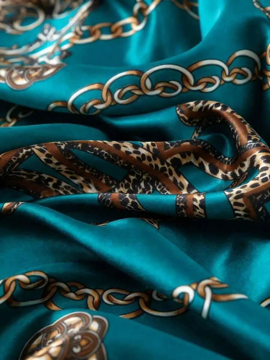 

90cm Teal Leopard Print Scarf With Chain Pattern, Versatile Shawl For Women, Boho Fashion Accessory