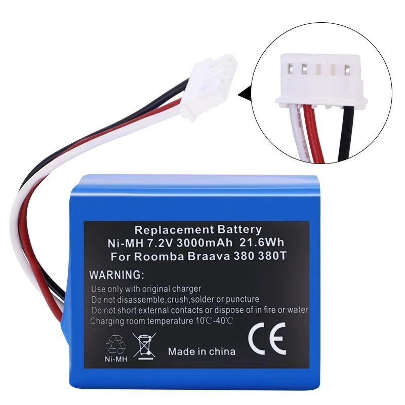 

New 7.2V 3000mAh Ni-MH Rechargeable Battery for iRobot Roomba Braava 380 380T Mint 5200c 5200 AA NiMH 3000mAh Battery Part