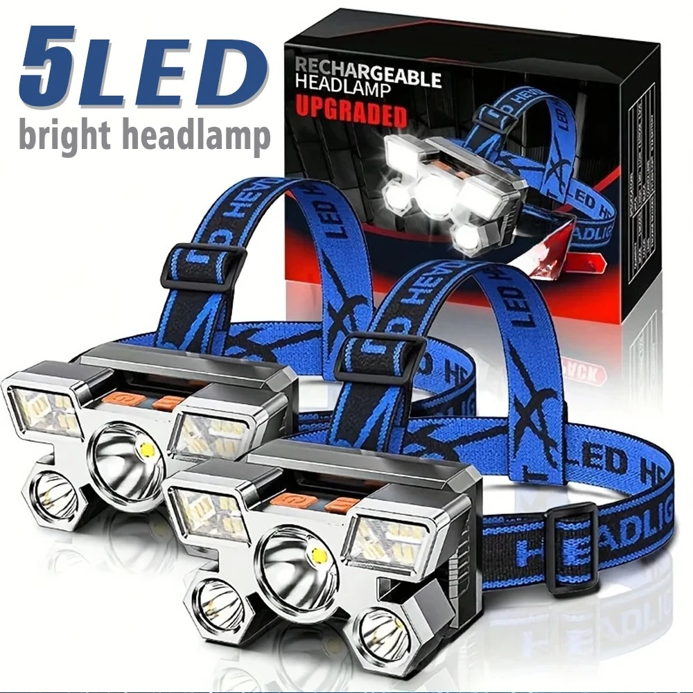Rechargeable 5 LED Headlamp, Head Light,Waterproof Bright Flashlight for Outdoor Cycling Running Camping Fishing Repairing Work