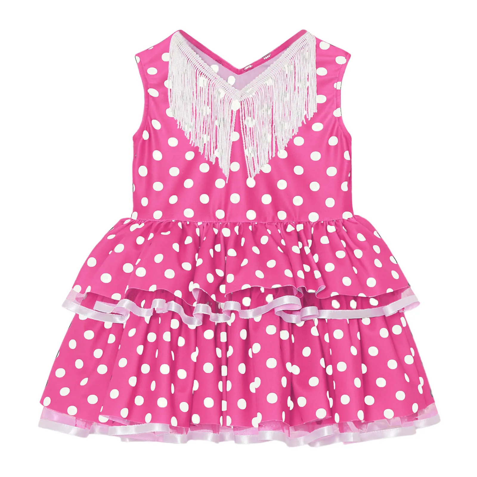 Dziewczynek sukienka do tańca Flamenco hiszpański Paso Doble występ na scenie kostium bez rękawów frędzle Polka Dot Mesh warstwowa suknia na ciasto