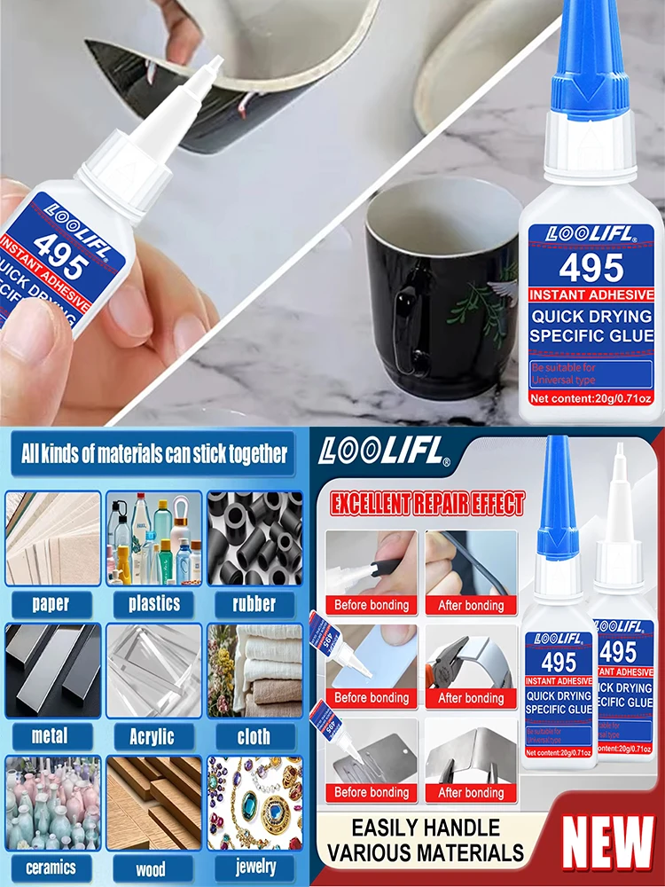 7 Stück 495 LOOLIFL Superkleber, professioneller Kunststoffkleber, transparenter Cyanacrylat-Kleber, schnell trocknend, geruchlos, langanhaltende Verklebung