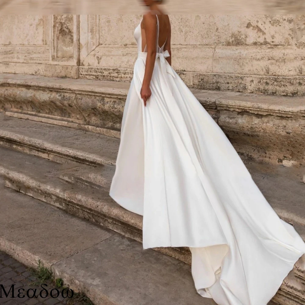 Vestido de novia Formal de satén blanco personalizado, Espalda descubierta, Sexy, con cuello en V, fiesta nupcial de alta calidad, cinturón exquisito, vestidos de novia delicados