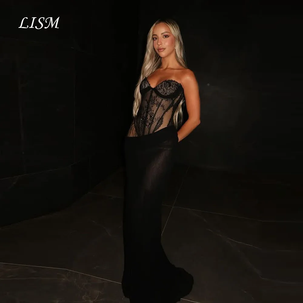 

LISM Sexy Sweetheart Mermaid Black Evening Dresses Silk Lace Long Elegant Prom Dresses Customized For Party robe de soirée