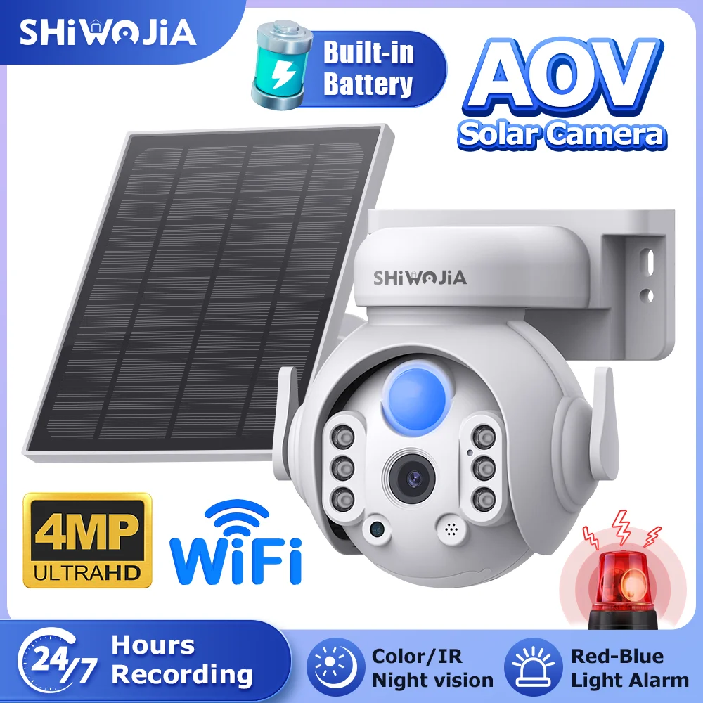 

SHIWOJIA 2K 4MP WIFI Solar Camera AOV Outdoor Wireless Solar Battery PTZ Camera Night Vision Two-Way Video Surveillance IP Cam