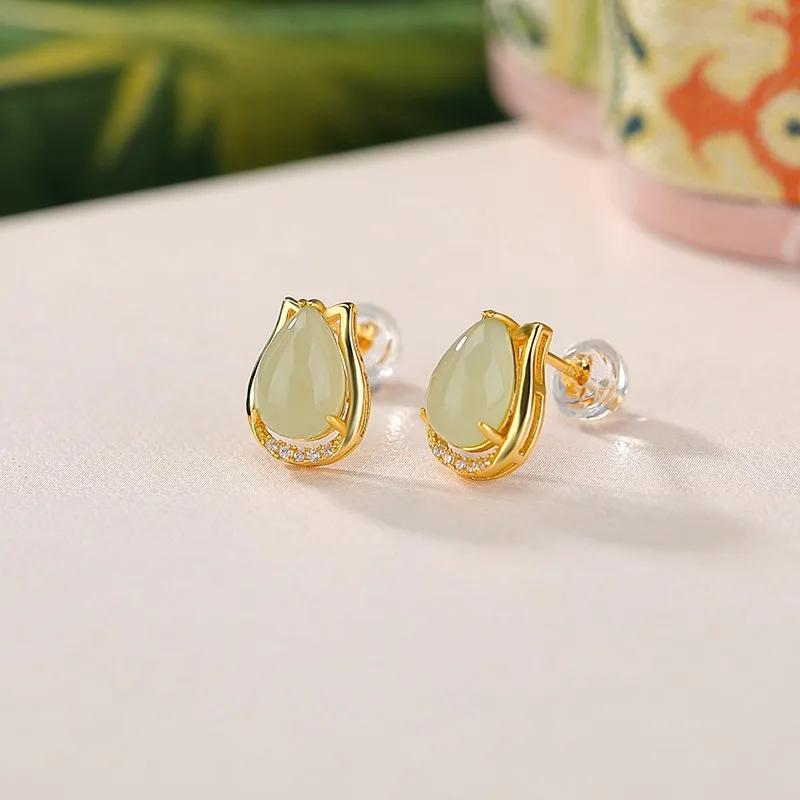 

TIMESWIND Natural Hetian Jade Light Green Tulip Flower Drip Women Earrings with Certificate