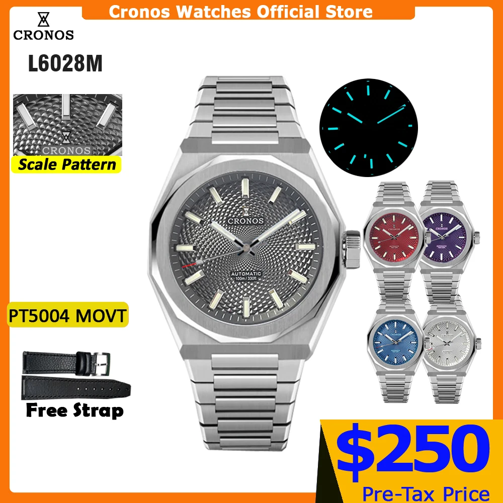 Cronos Luxury Men Watch 39mm Automatic PT5000 Wristwatches Scale Pattern Sapphire 10ATM See-through Back Grey Dial