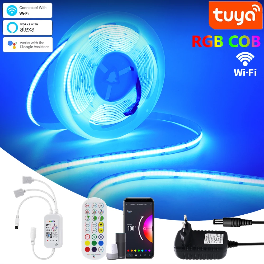 12V 24V Smart RGB COB Led Strip Tuya WiFi Remote Control 840leds/m Flexible RGB Tape Adhesive COB Light For Room Support Alexa