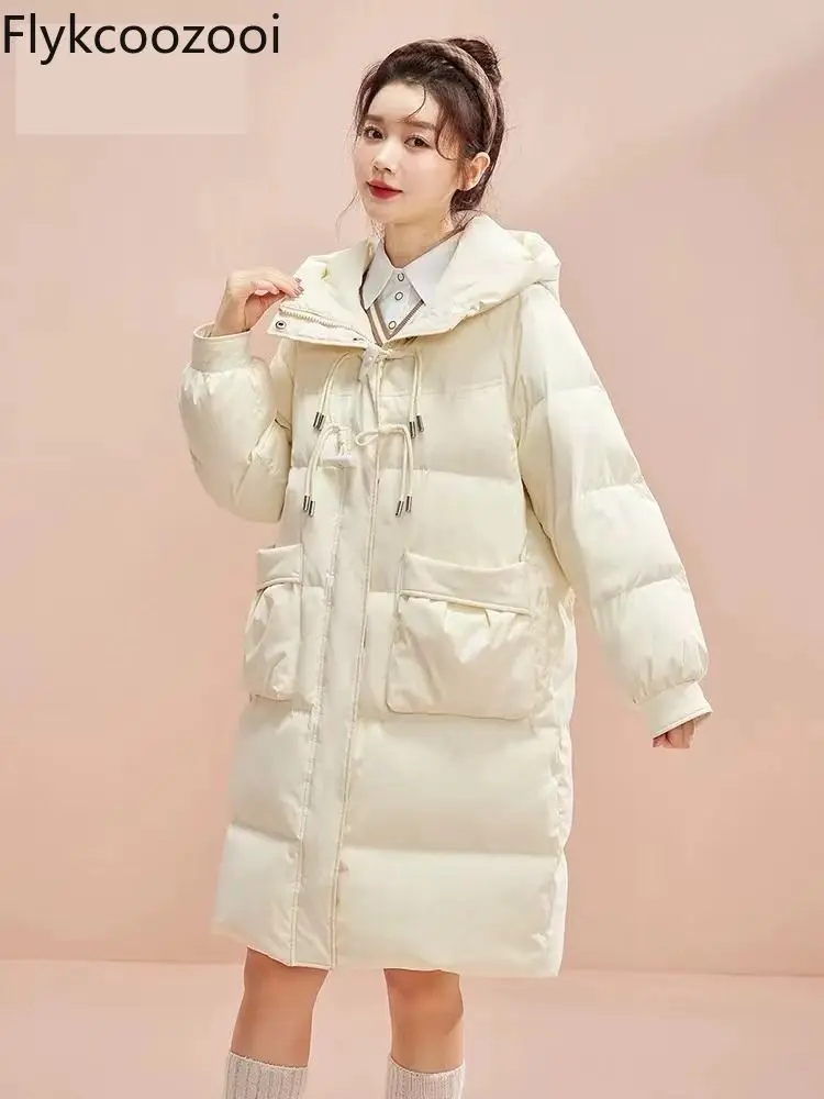 2024 Women's Mid-length New Style Loose Horn Button Jacket Winter Hot Style Slim Thickened Long Winter Coat Women