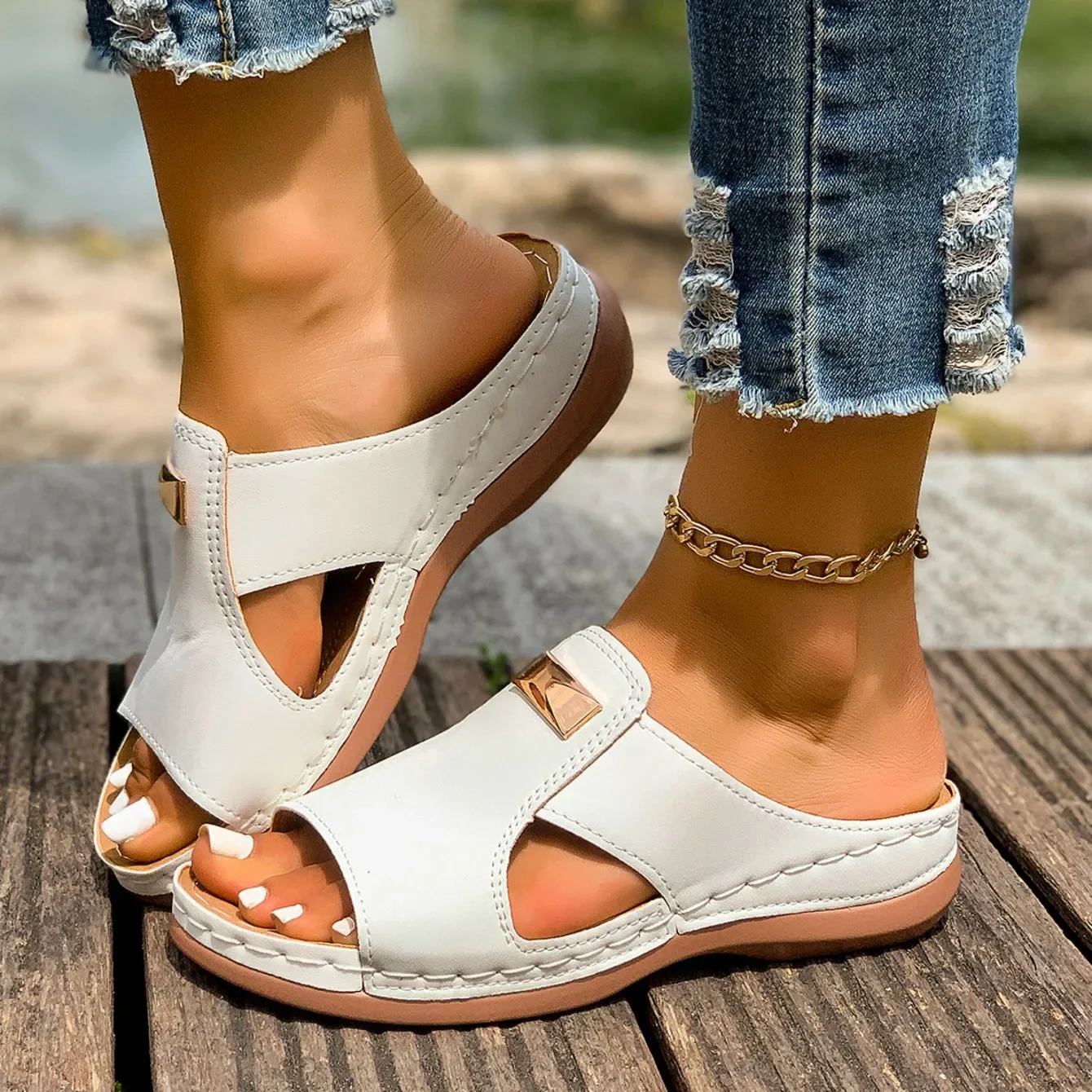 Damen Keilabsatz-Sandalen Sommer Mode-Sandalen Offene Zehen Designer-Sandalen Bequeme Schnallenschuhe Leichte Damen-Slides – Detail 21