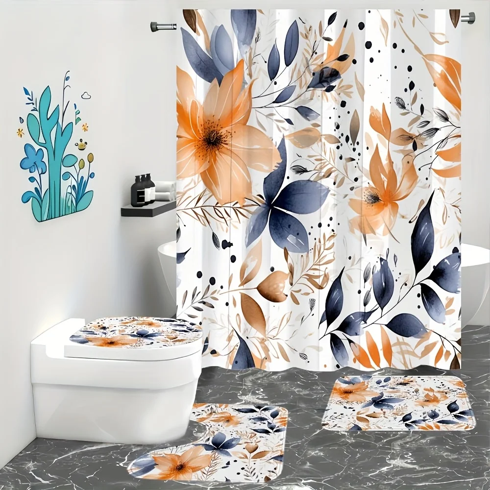 

4-piece colorful waterproof bathroom set | Multifunctional shower curtain (with hook), non-slip floor mat, toilet mat
