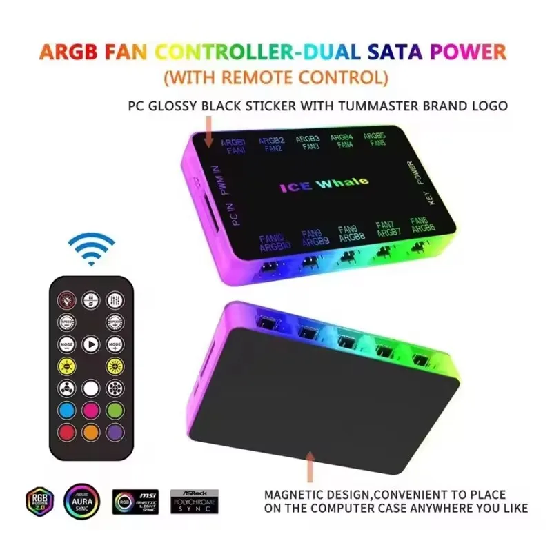 ICE Whale C10 1 to 10 PWM&ARGB Case Fan Hub SATA Power Interface Splitter 4Pin PWM 3Pin Addressable ARGB With Remote control