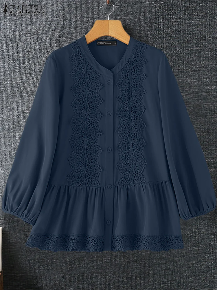 ZANZEA Fashion Autumn Tops Women Long Sleeve Shirts 2025 Solid Elegant Office Lady Round Neck Tunics Casual Lace Splicing Blouse
