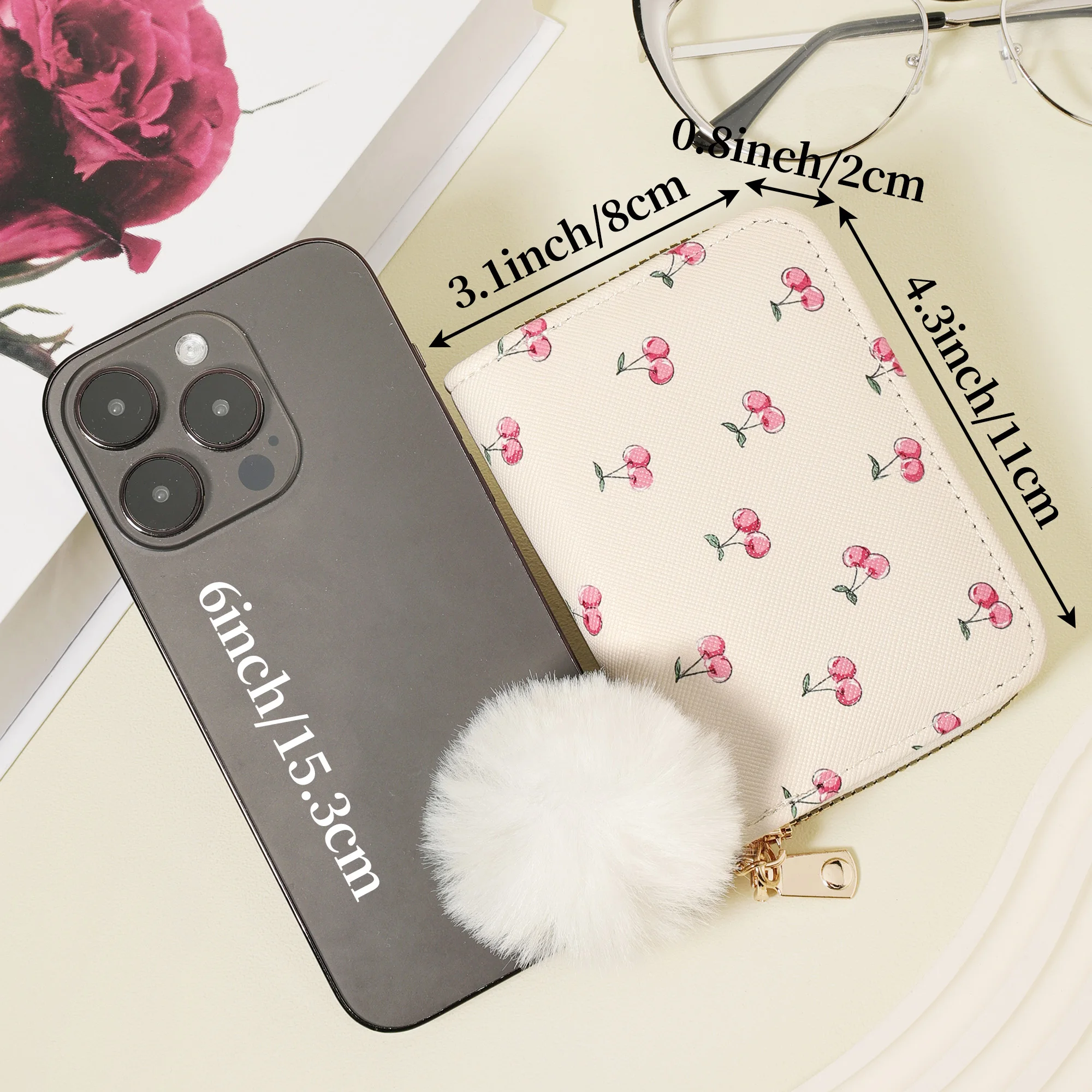 محفظة بطاقات ائتمان نسائية عصرية جديدة، مزينة بوم بوم رقيقة، محفظة للعملات المعدنية بسحاب، غطاء سحاب نسائي #6