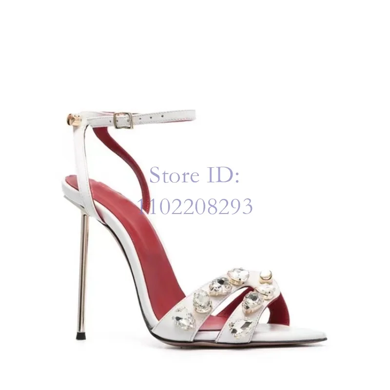 Retro Crystal White Thin High Heels Sandals Round Toe Solid Back Buckle Strap Stiletto Sandals Women Fashion Shows Shoes 2024