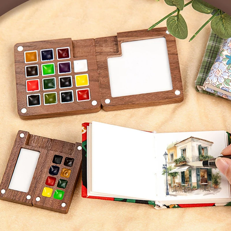 New Mini Walnut Wood Watercolor Palette Portable Paint Box With Clip Travel Painting Paint Tray Art Supplies Sketchbook Palette