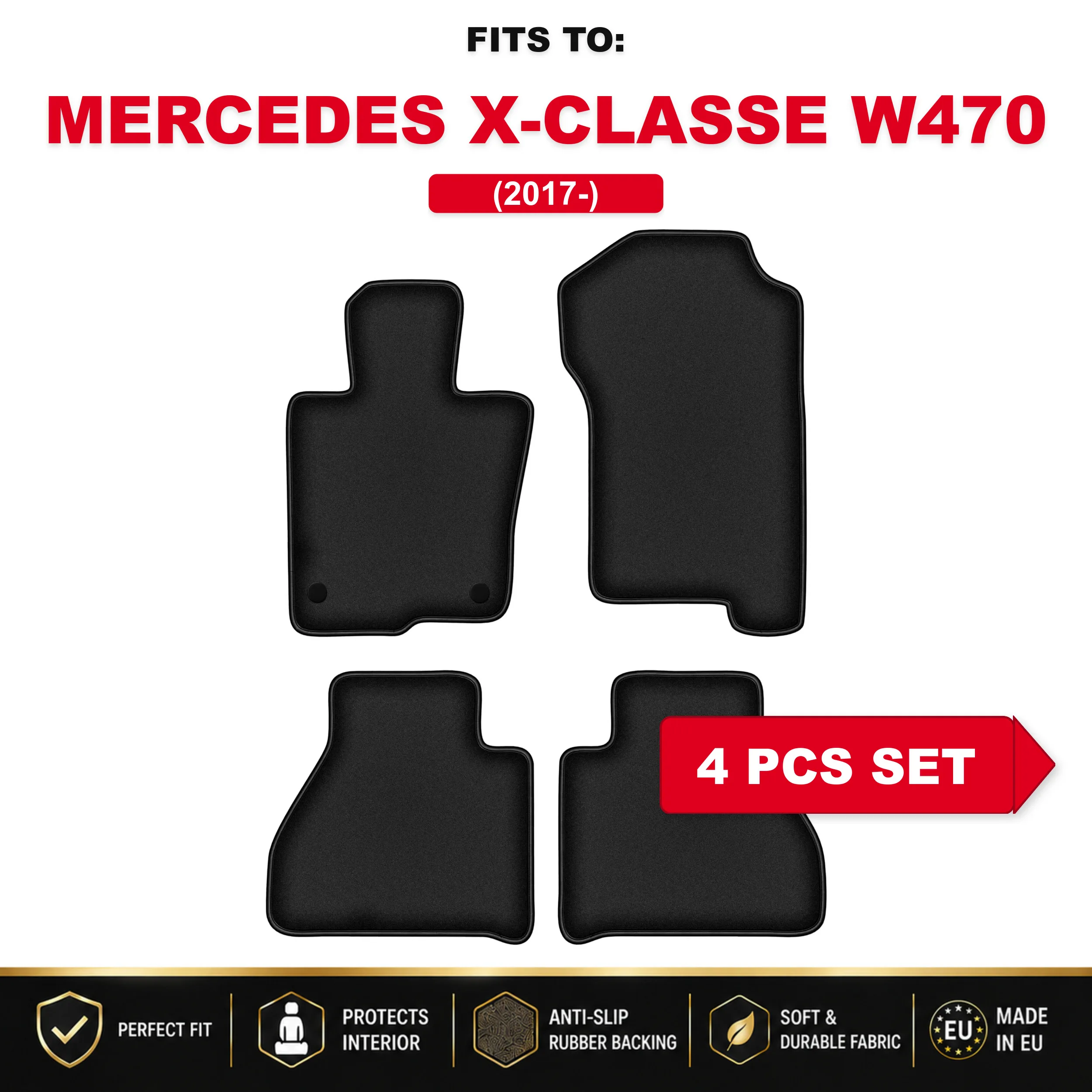 Zwarte velours vloermatten, 4 stuks Voor: Mercedes X-Classe W470 2017-auto-gemonteerde pick-up automattenset