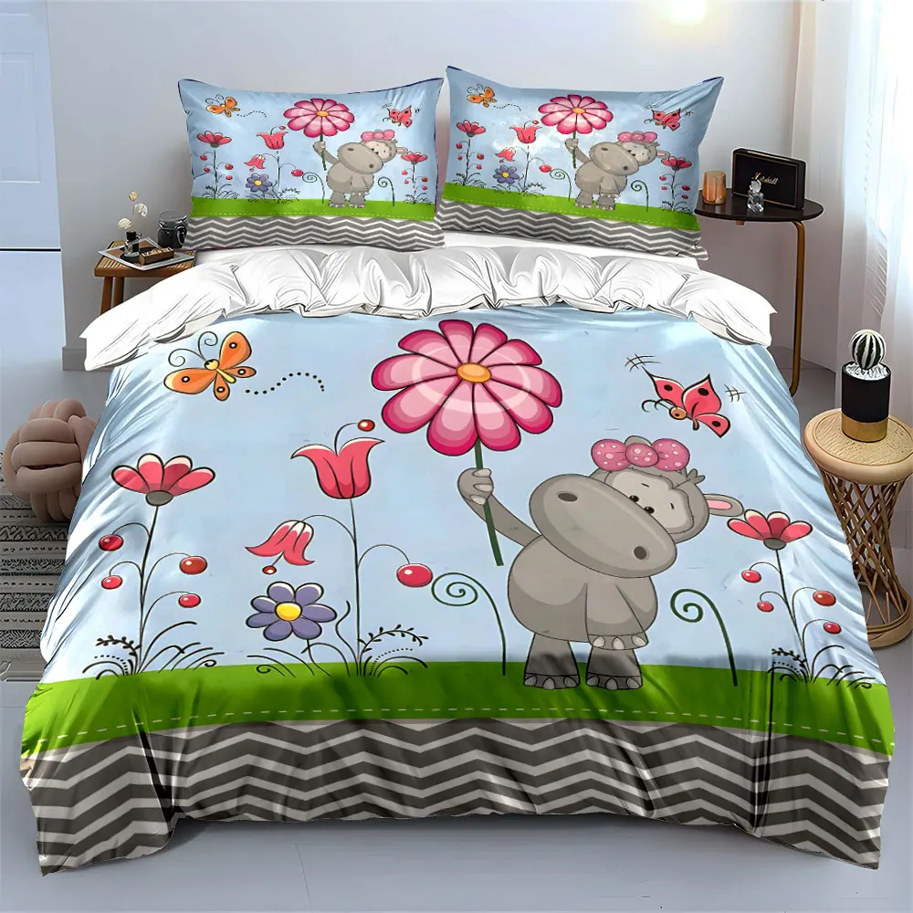 Cartoon hippo holding flower butterflies Print Soft Comfortable Duvet Cover Bedding Set Included 1*Duvet Cover  2*Pillowcases