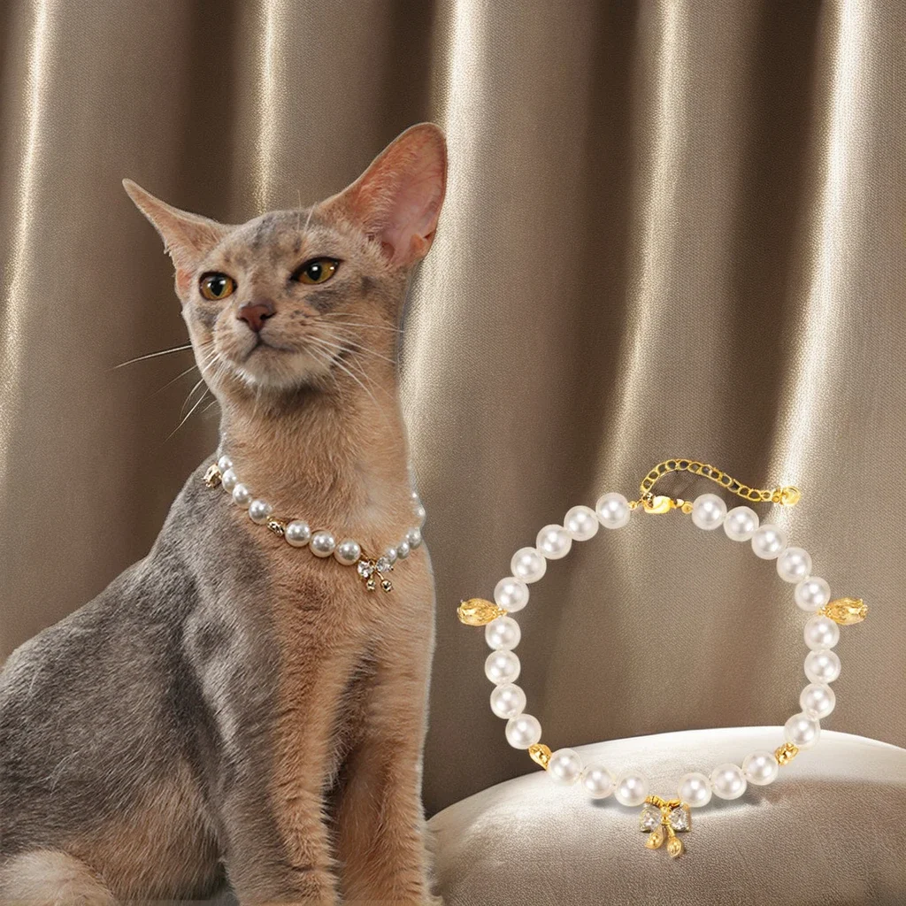 Pet Luxury Crystal Necklace Pearl Designer Cute Custom Cat Collar Cat Collar Pet Pearl Necklaces