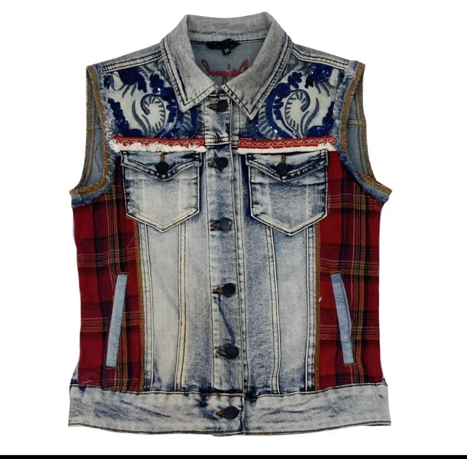 Commercio estero originale singolo spagnolo nuovo ricamo patch stitching vintage washed denim vest