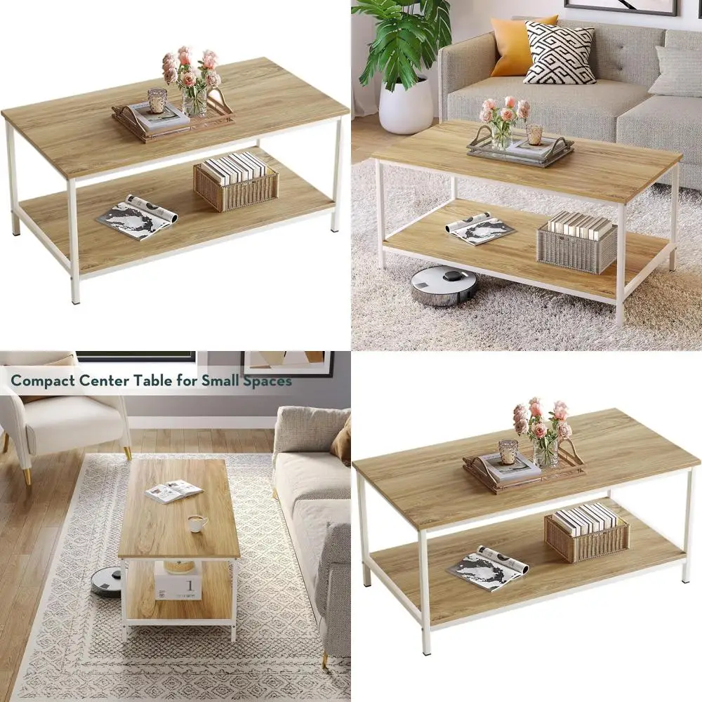 2-Tier Industrial Coffee Table with Storage, Rectangular Beige White Wood Center Table for Small Living Rooms and Home Offices