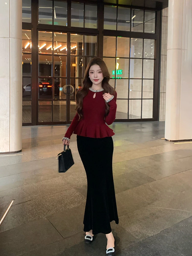 

Ele Knitted Long Sve Top And High Waist Fi Tail Skirt Two Piece Set for Women Autumn Winter Faion Slimming Sle