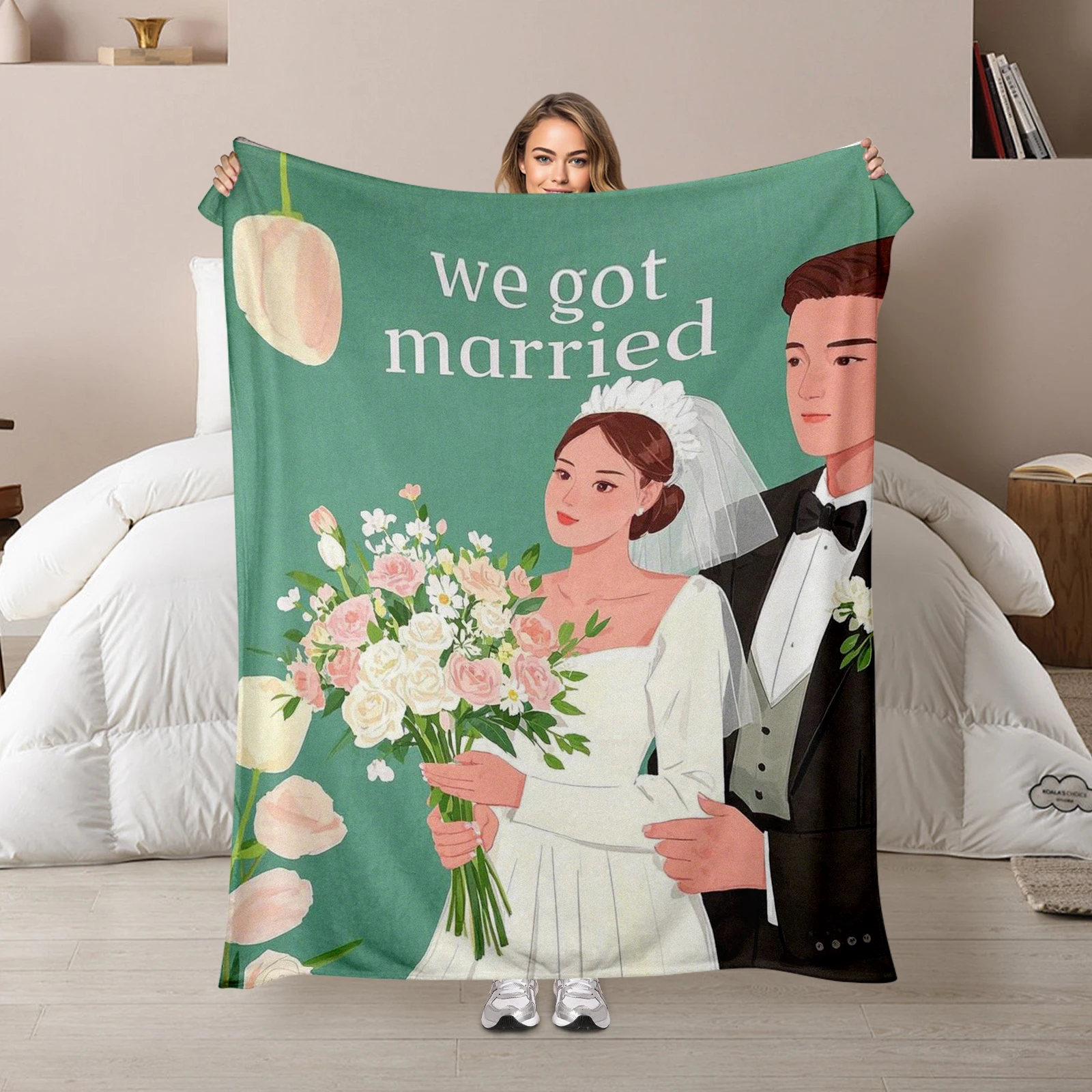 Cartoon Newlywed Couple And Romantic Phrases Blanket Perfect For Gifting Couples During Wedding Season