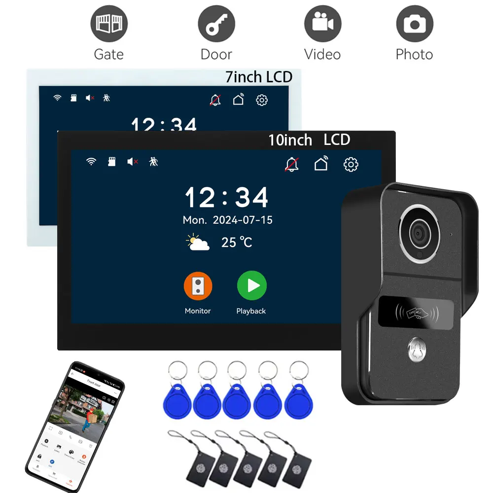 Видеодомофон Tuya Smart 1080P с Wi-Fi 5G, 2 провода, 7/10 дюймов, беспроводная система видеосвязи 5-в-1 с NFC-разблокировкой