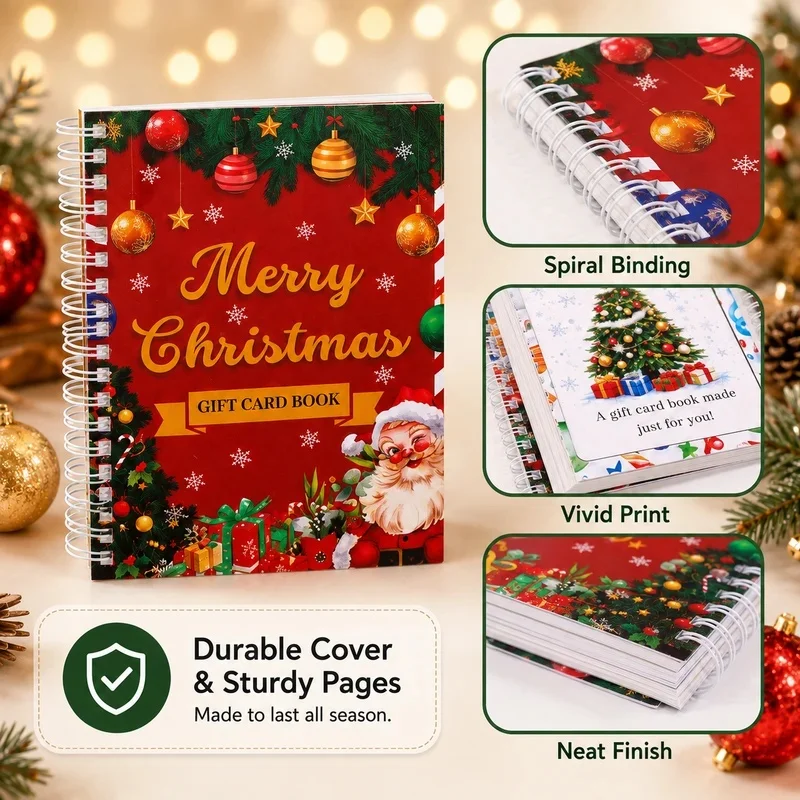 Christmas Gift Card Book, 6 Cute Xmas Designs Spiral Bound Card Holder Organizer For Holiday Gifting Office Creative Present