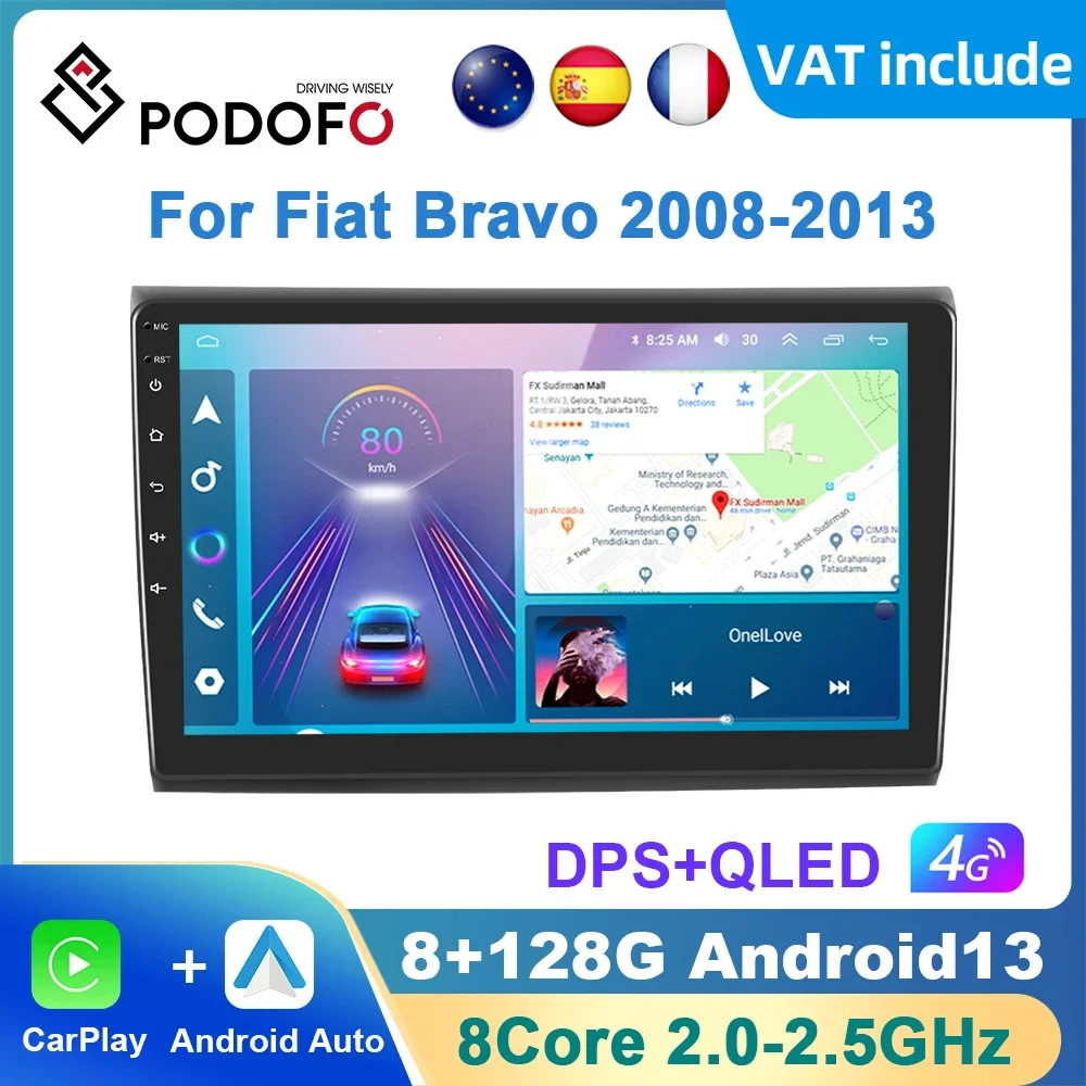 Podofo AI Voice Android Carplay Car Radio For Fiat Bravo 2008-2013 2din Android Auto 4G Multimedia Navigation GPS autoradio DSP