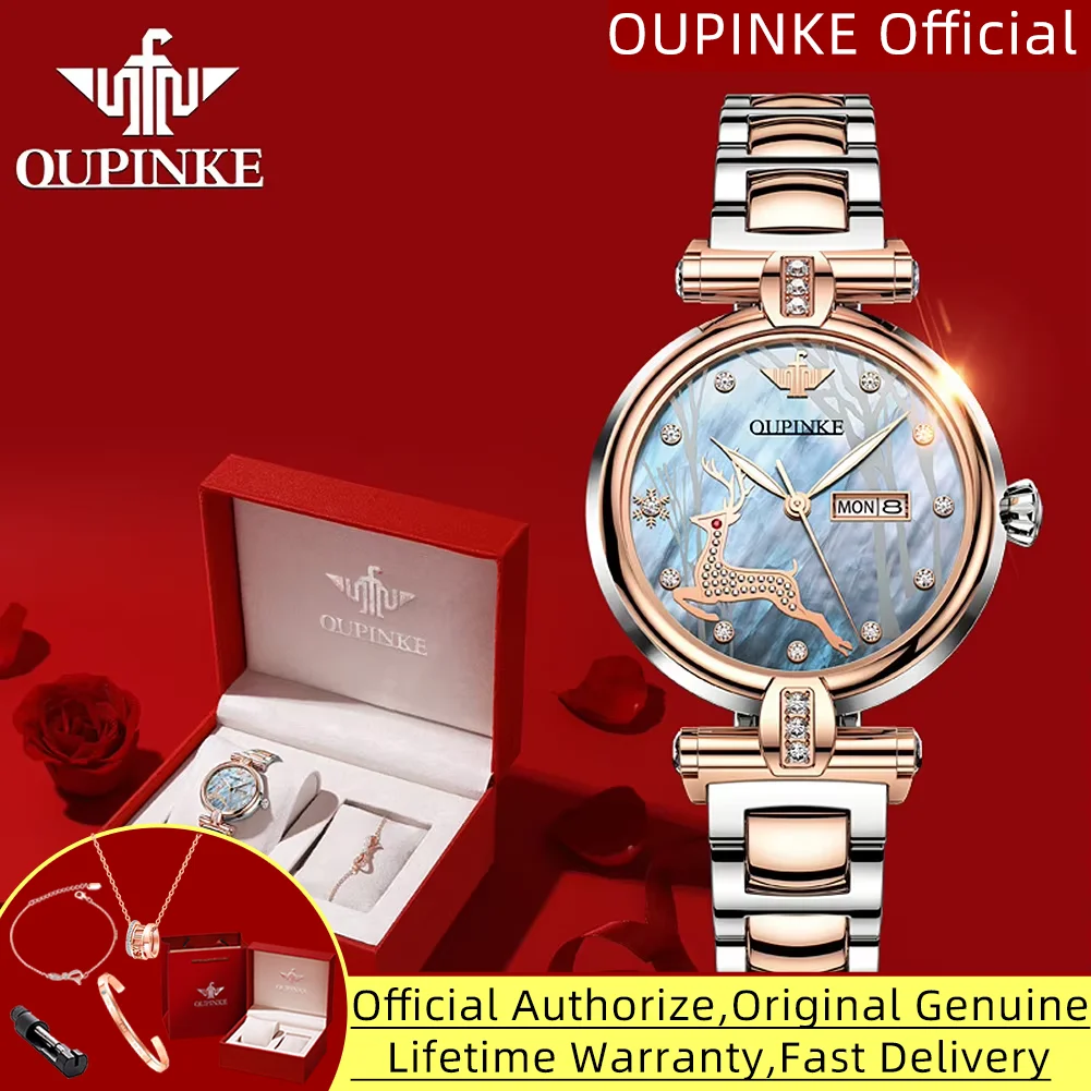 

OUPINKE 3180, оригинальные женские механические наручные часы, элегантные автоматические часы с розовой золотой и бриллиантовой шкалой, двойной календарь для женщин