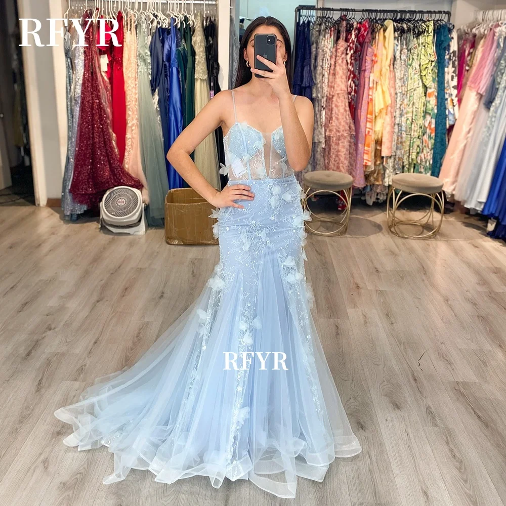 

RFYR Mermaid Prom Dress Lace Applique Evening Gowns Formal Party Princess Gowns Spaghetti Strap Robe Dvestidos fiesta Customized