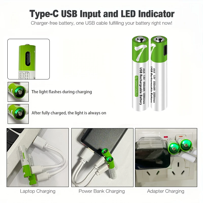 High capacity 1.5V AAA 750 mWh USB rechargeable li-ion battery for Remote control wireless mouse + Cable