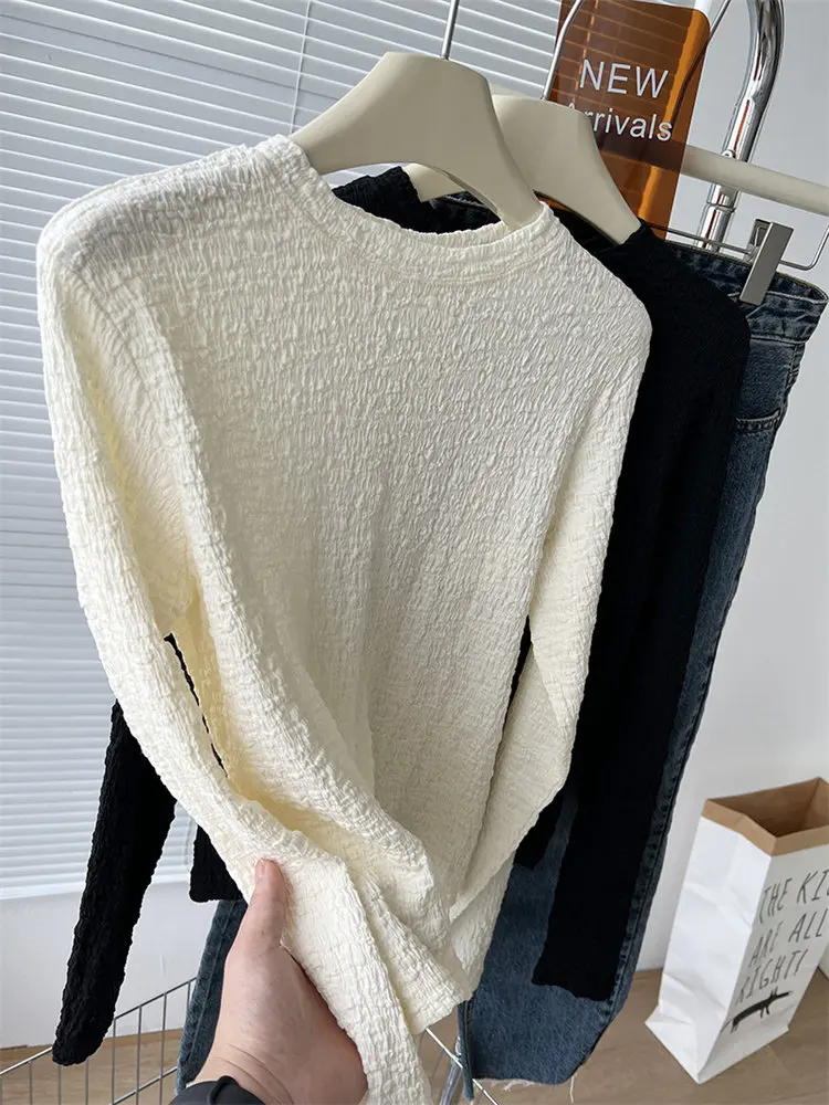 Camiseta Plissada Y2K para Mulheres, Manga Longa, Cor Sólida, Ajuste Slim, Versátil e Emagrecida para Primavera e Outono