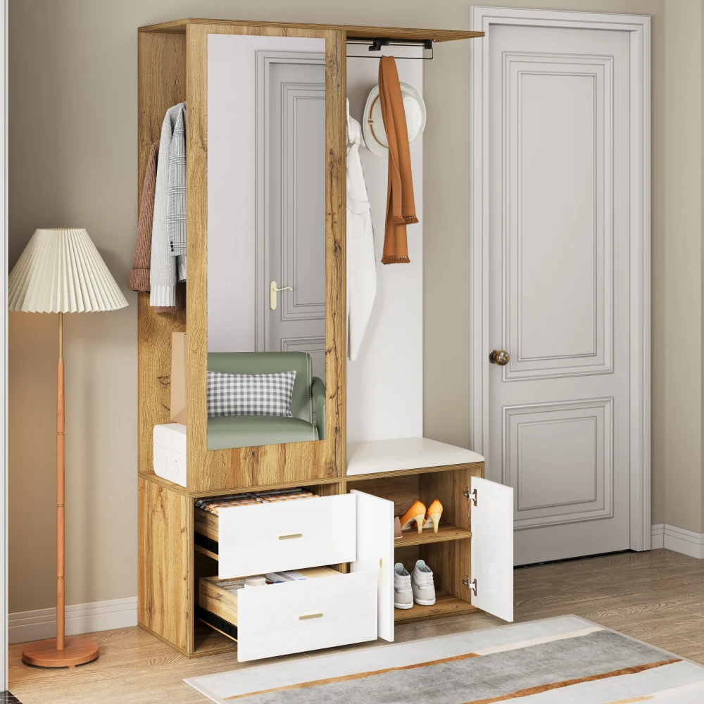 PINGGO Edles Garderoben-Set mit Spiegel, Schuhschrank, Schuhbank mit Haken, ausziehbarer Kleiderstange in Weiß und Holzfarben – Detail 5