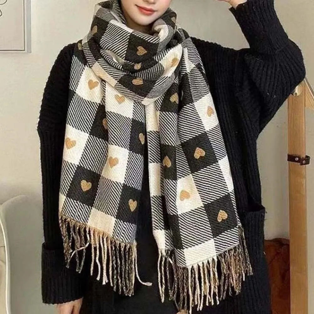

Gifts Acrylic Fibers Plaid Knitted Scarf Long Soft Heart Thickened Scarf Classic Tartans Printed Tassel Shawl Women