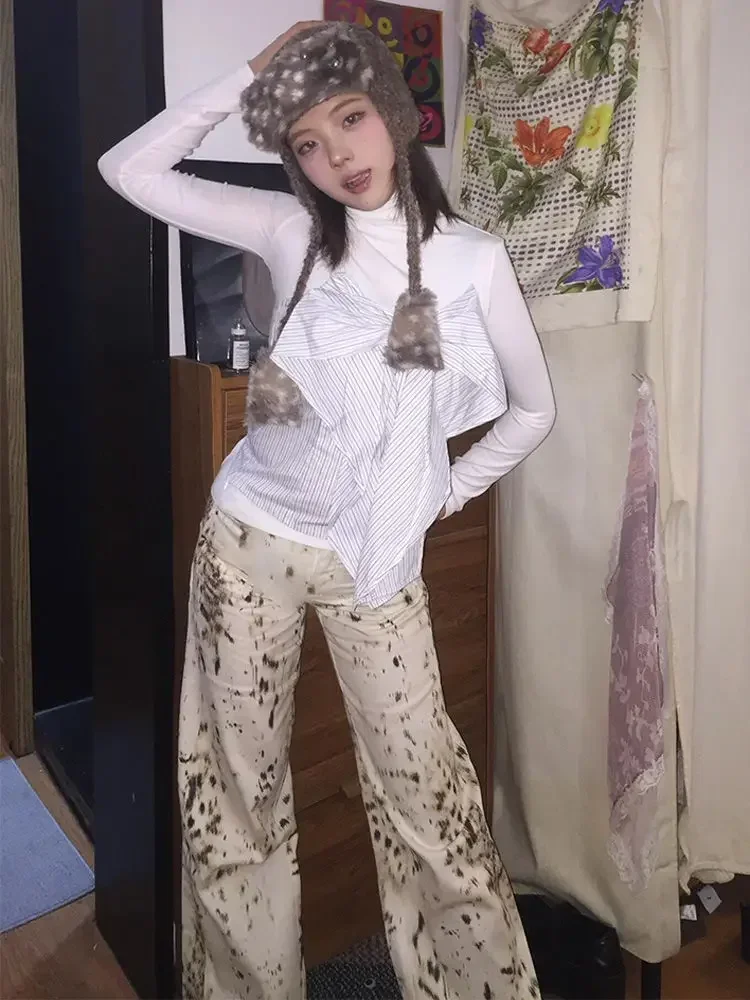 Houzhou-Jeans Leopardo Vintage feminino, calça jeans folgada reta, pantalon com estampa animal, Y2k japonês, Harajuku, hippie