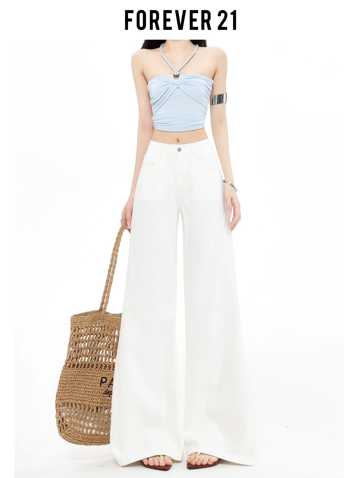Calça Jeans Feminina Forever 21 de Cintura Alta com Perna Larga, Casual, Reta, Efeito Emagrecedor, Estilo Urbano, Desbotada, Média, Macia, para o Verão