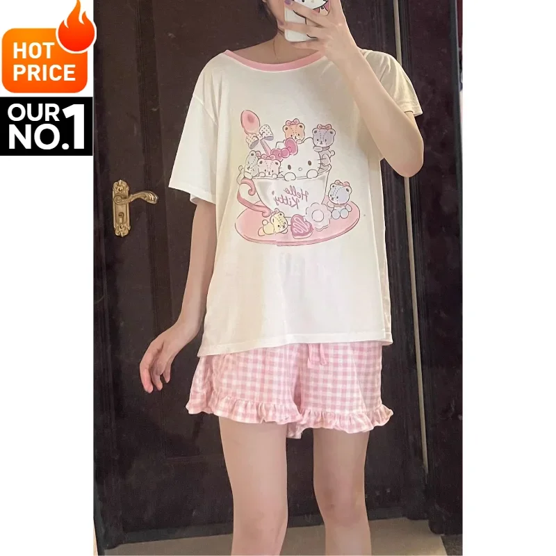 Sanurgente-Pyjama Hello Kitty pour Femme, Décontracté, Confortable, Respirant, Fin, Col Rond, Dessin Animé, Maison, Été, Nouveau