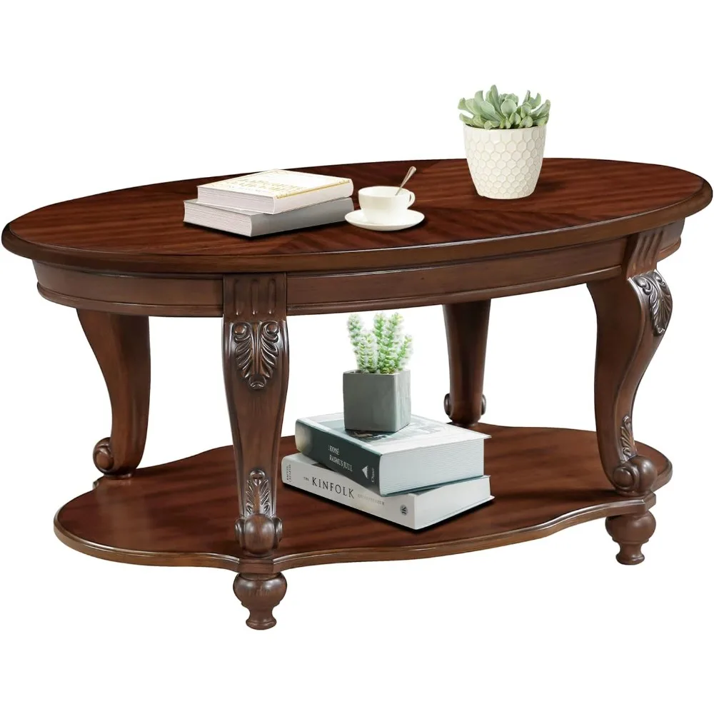 

Oval Wood Coffee Tables for Living Room, Vintage Round Coffee Table with Carved Wood Legs, Tradition Elegant Coffee Table (Cherr