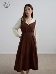 DUSHU Contrast Color Sweet Doll Neck Dress Winter 2023 New Style Vintage Style Mid Length Dress For Women High Waist Dress