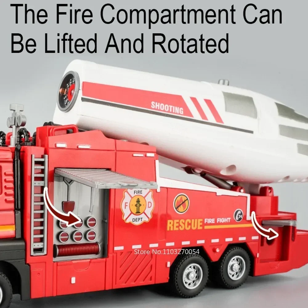 Camión de bomberos con aspersor 1:32, coche de juguete de aleación, modelo fundido a presión, sonido, luz, puertas extraíbles, vehículo de ingeniería abierto, regalo de Festival para niño