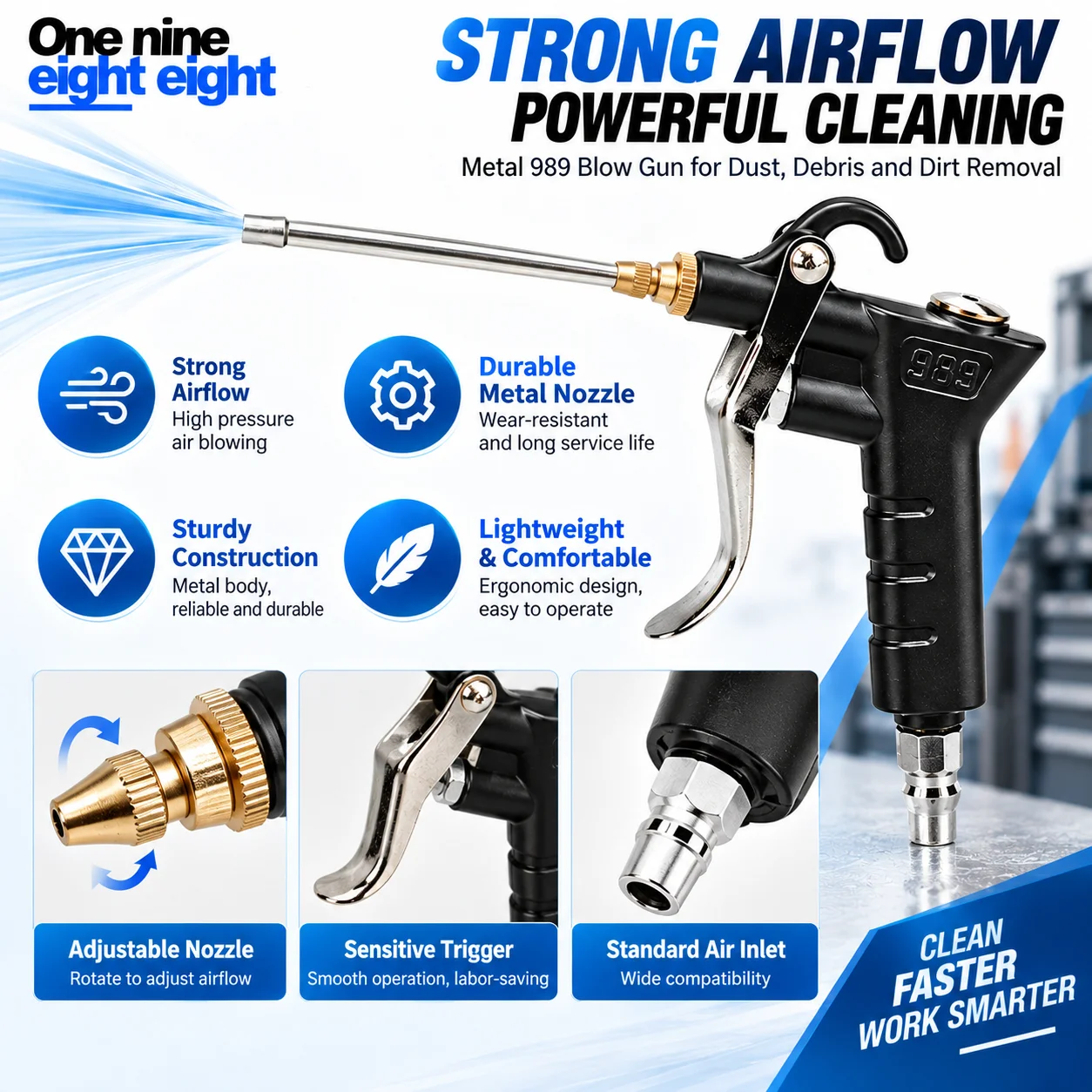 One Nine Eight Eight Air Blow Gun High Pressure Metal Dust Blower Leak-Proof Pneumatic Cleaning Tool with Long Short Nozzles for