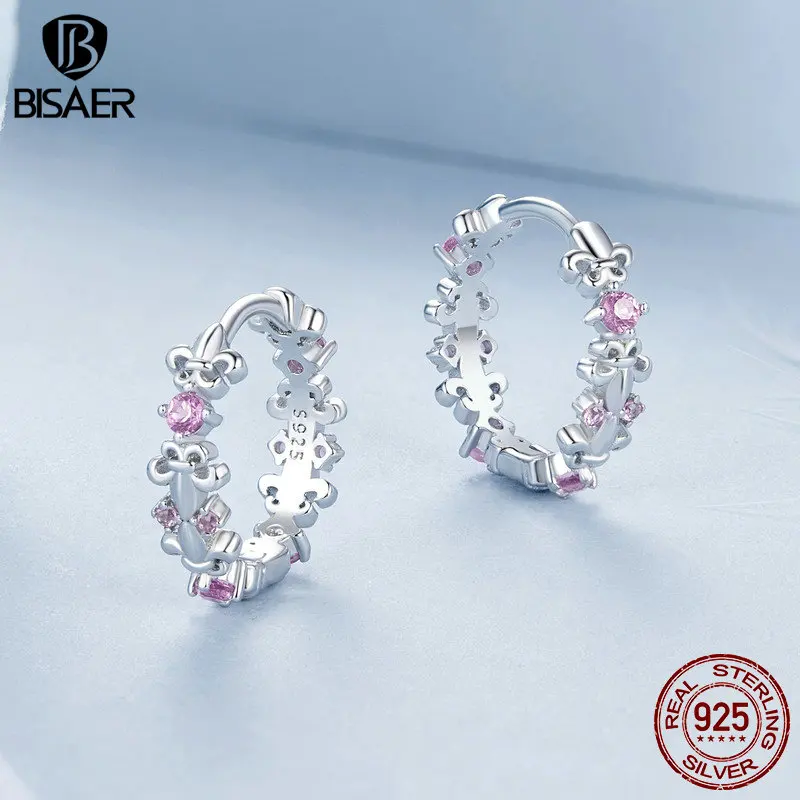 BISAER 925 Sterling Silver Iris Ear Buckles Rose Red Zircons Circle Hypoallergenic Hoop Earrings For Woman Party Fine Jewelry