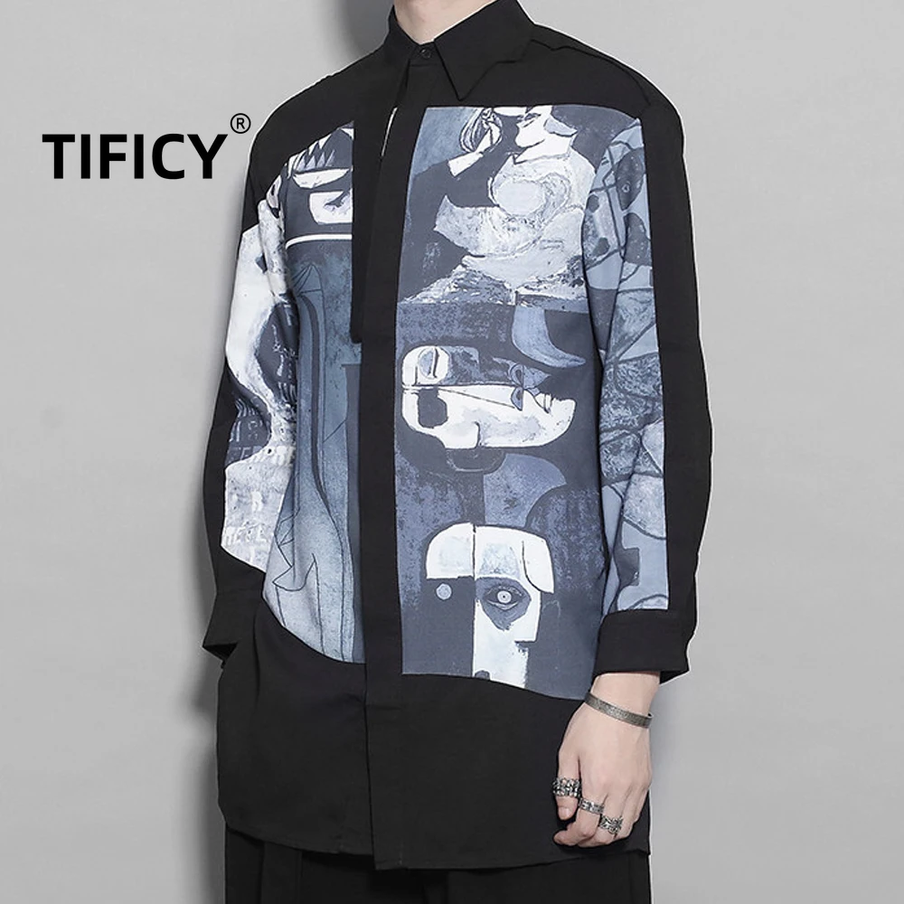 

High Street Print Shirts Men's Autumn Outfit Dark Retro Printed Long Sleeved Fashion Streetwear Shirt