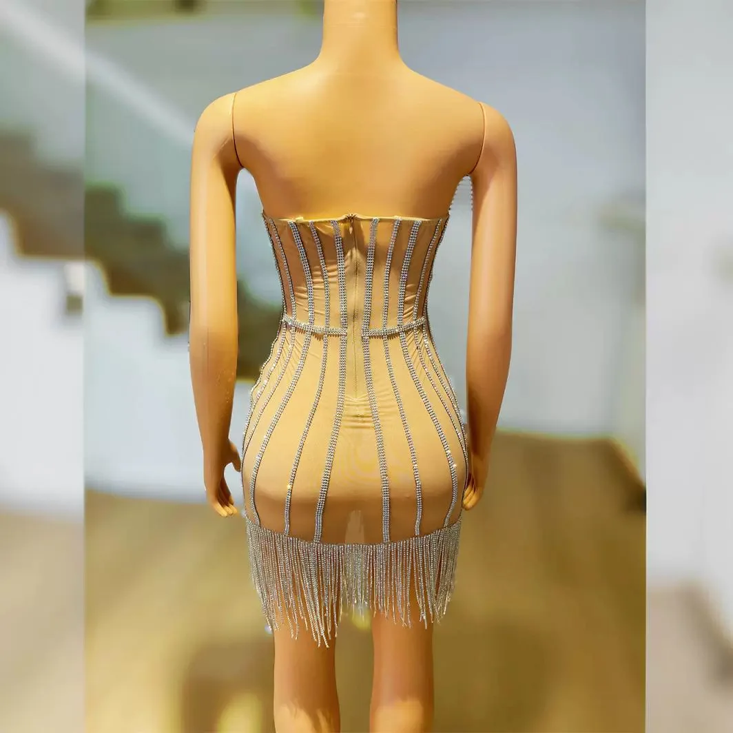 

Sexy mesh hot diamond dress hollow perspective slim-fitting short skirt evening dress stage performance clothes