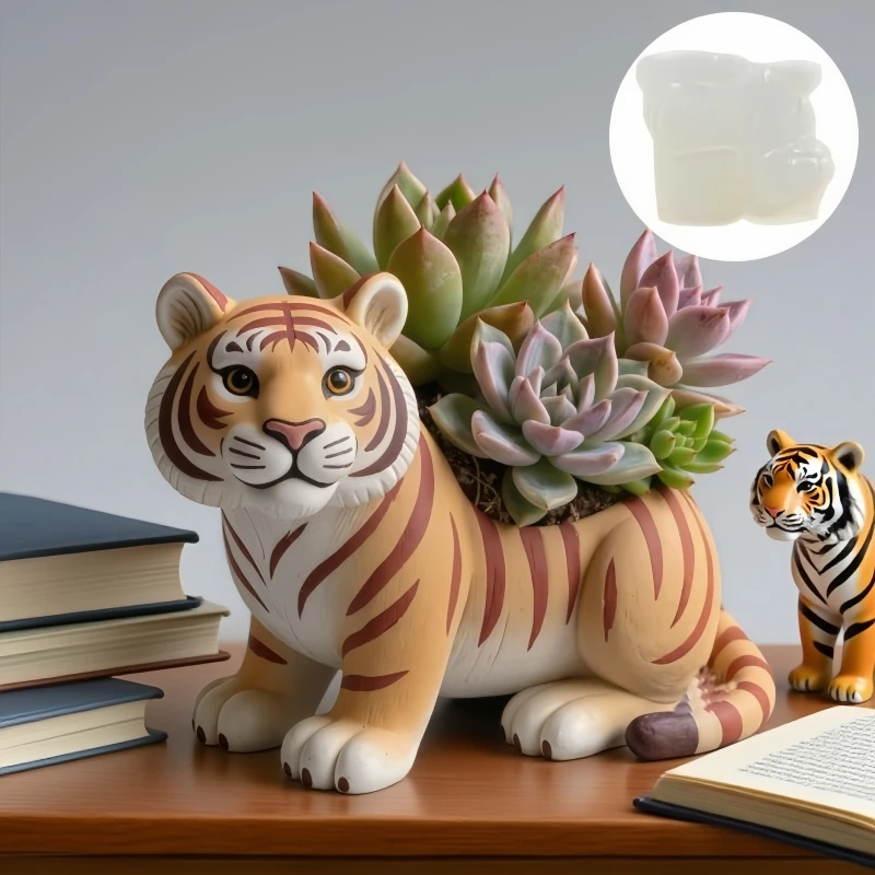 Squatting animal tiger succulent plant flowerpot Mighty tiger storage box Concrete silicone mold Cute tiger candle cup molds