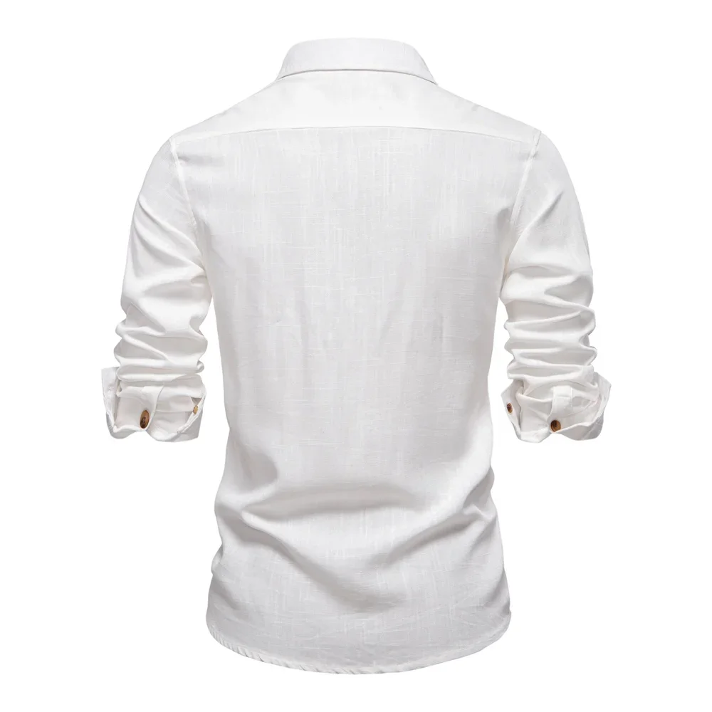 New Spring Men's Long-Sleeve Pure Color Cotton Linen T-Shirts Lapel Collar Business Shirts for Men Casual Fit Male Tops Blouse