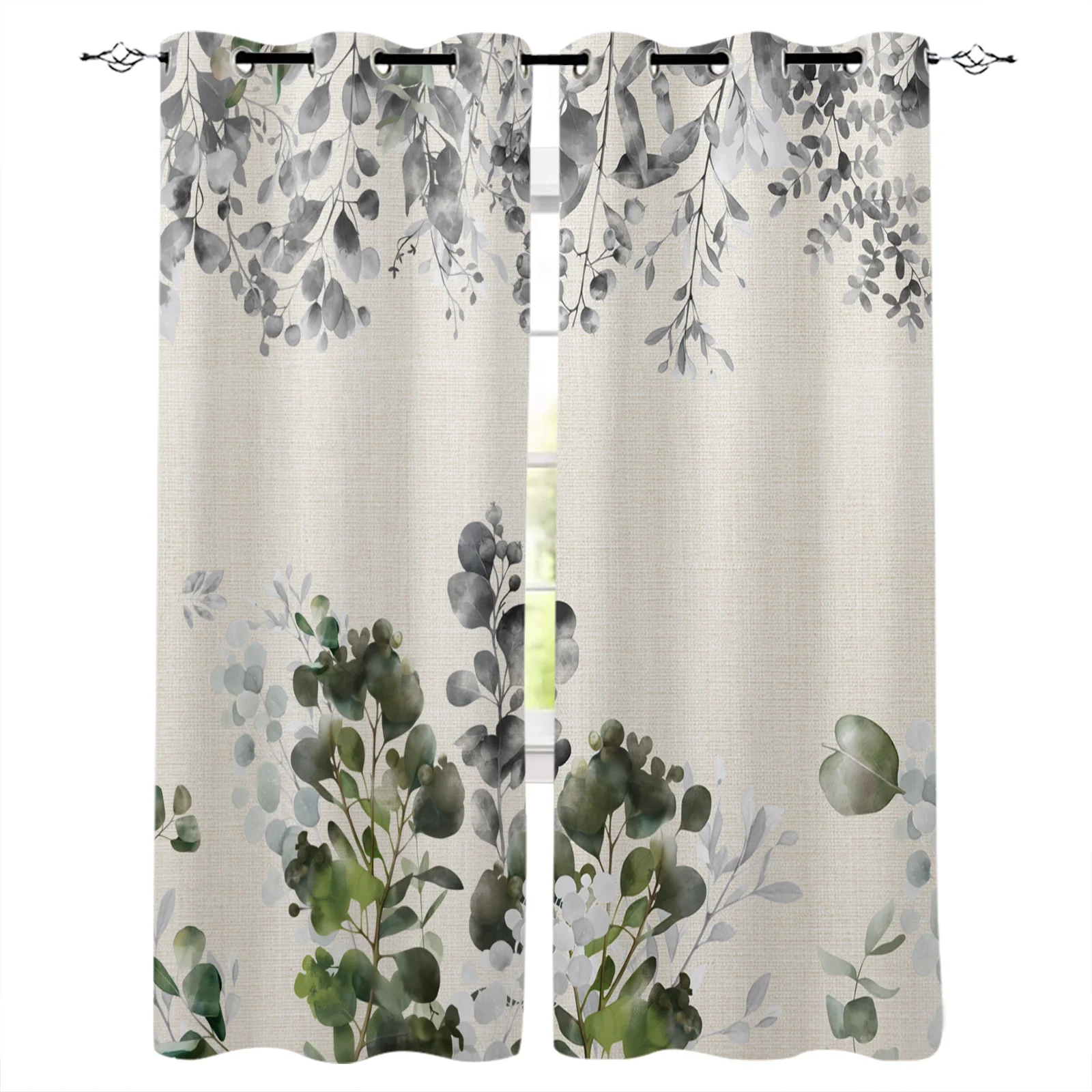 Plant Leaf Illustration Dark Green Window Curtain Living Room Kitchen Curtain Panel Blackout Curtains For Bedroom